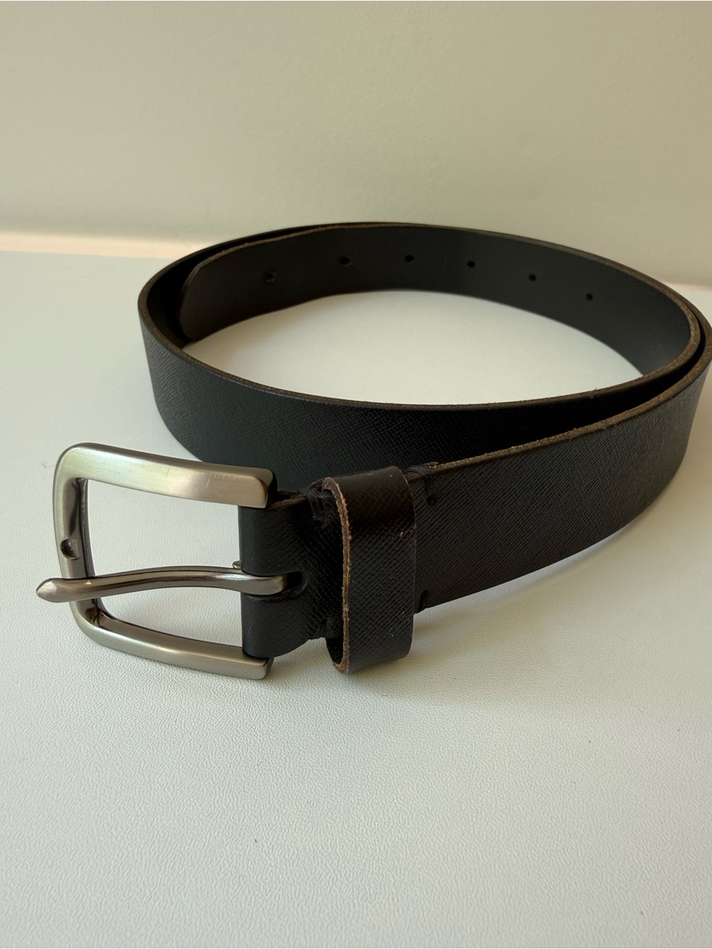 Men's Black Leather Belt with Brushed Metal Buckle